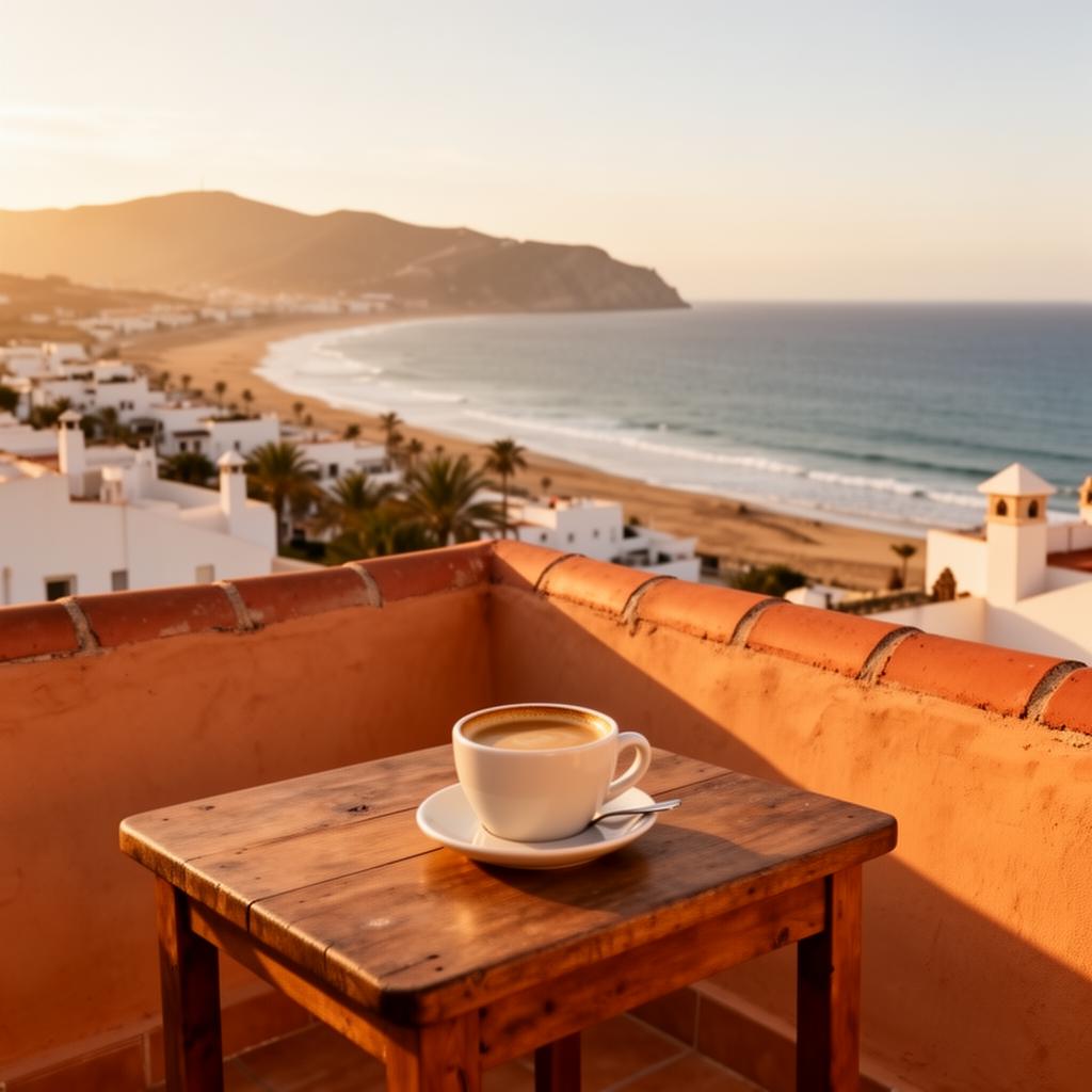Morgenkaffee auf einer sonnigen Terrasse mit Blick auf die Küste von Tarifa
